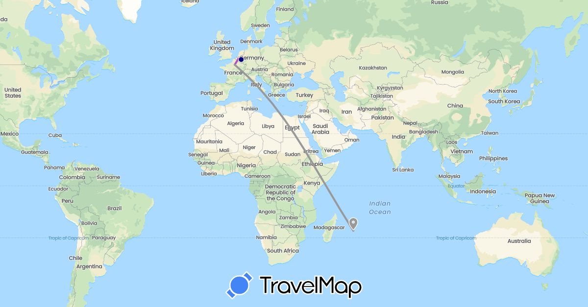 TravelMap itinerary: driving, plane, train in Belgium, France, Mauritius (Africa, Europe)